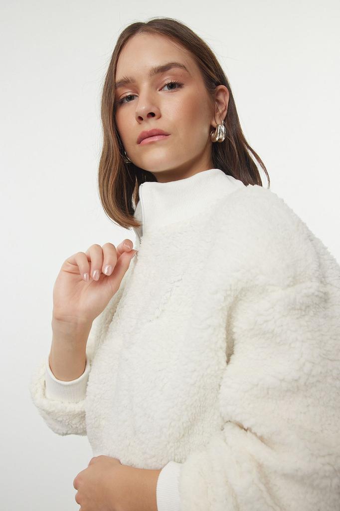 Женская модная стильная толстовка цвета экрю на молнии большого размера, широкая плюшевая толстая вязаная толстовка