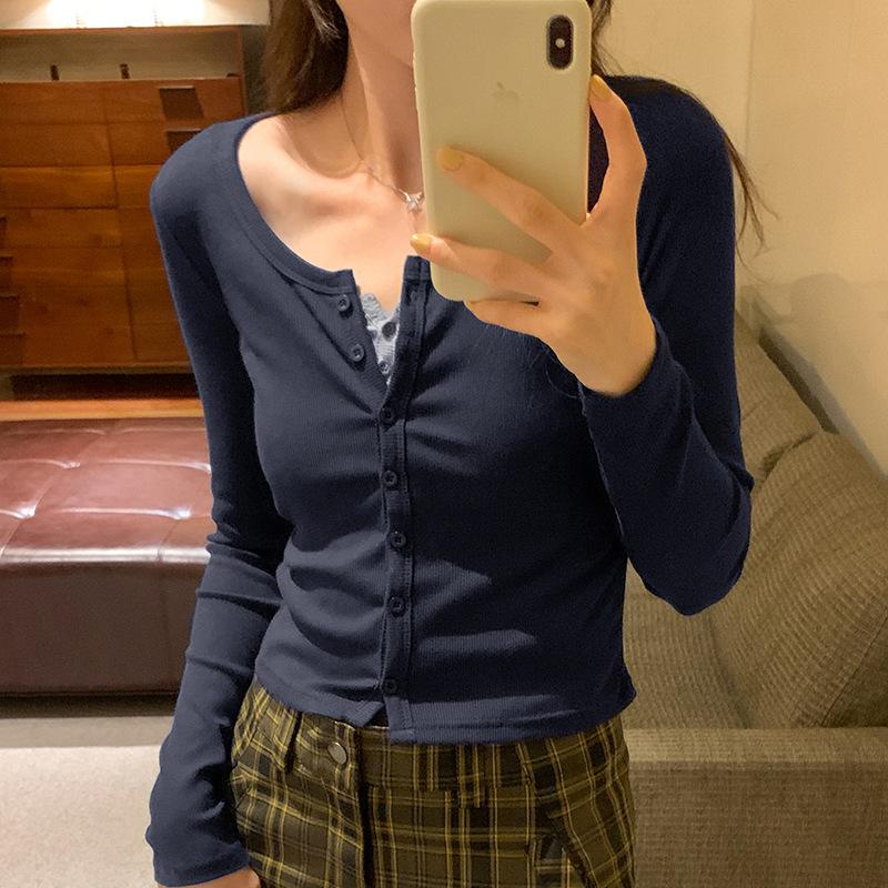 Горячая короткая футболка с длинными рукавами для женщин, осенний новый кардиган, топ для похудения, облегающий круглый вырез, универсальная нижняя рубашка