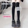 Women's Black & Gray Long Cotton Calf Socks - Autumn/Winter, Slimming, Over-the-Knee, 4-Stripe, Japanese Trendy Style.