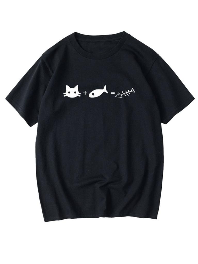 Cat Fishbone Equation Cartoon Tshirt Unisex Unisex Minimal Kawaii Unisex Short Sleeve Daily Streetwear Basic Casual Fashion Top