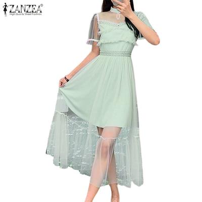 Женское элегантное платье с сетчатой вставкой, повседневное, с круглым вырезом и короткими рукавами