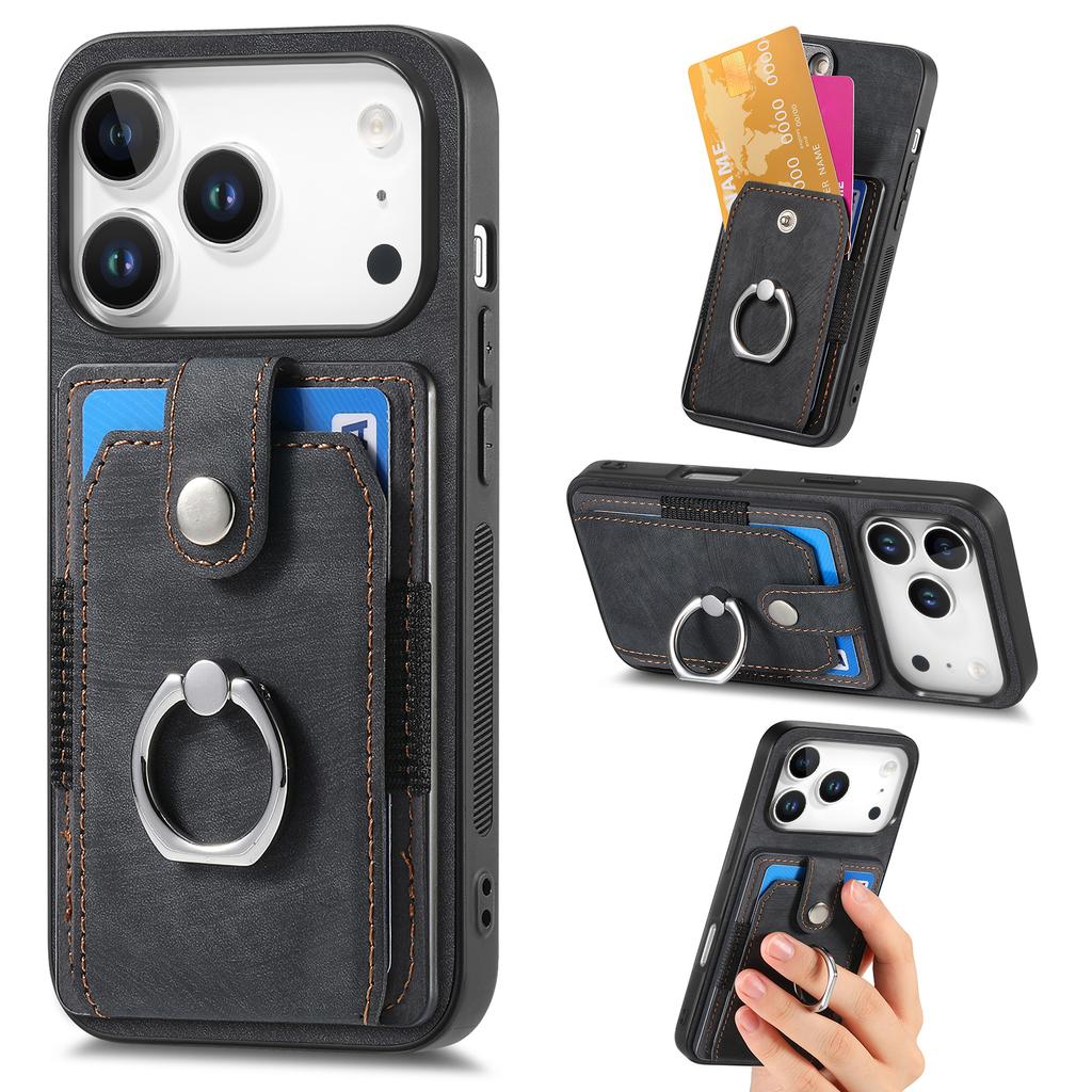 For iPhone 17 Pro Phone Case Leather Back Cover with Card Slots Kickstand