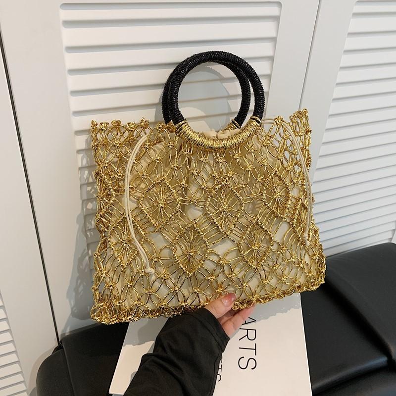 Summer Woven Straw Handbag For Beach Vacation With Hollow Pattern For Casual Day Out