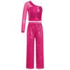 Girls Sparkly Dance Outfit Sheer Mesh Long Sleeve One Shoulder Crop Top