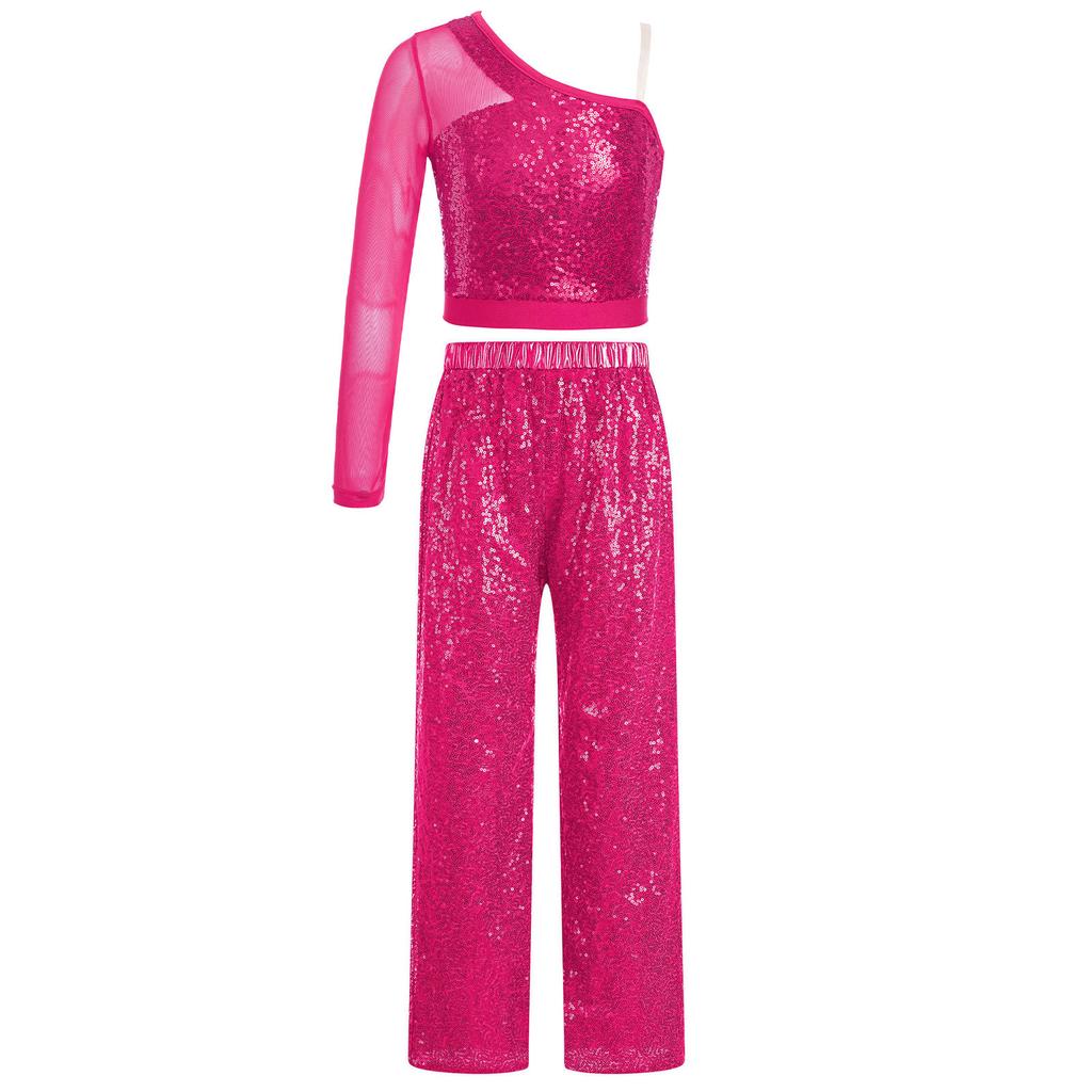 Girls Sparkly Dance Outfit Sheer Mesh Long Sleeve One Shoulder Crop Top