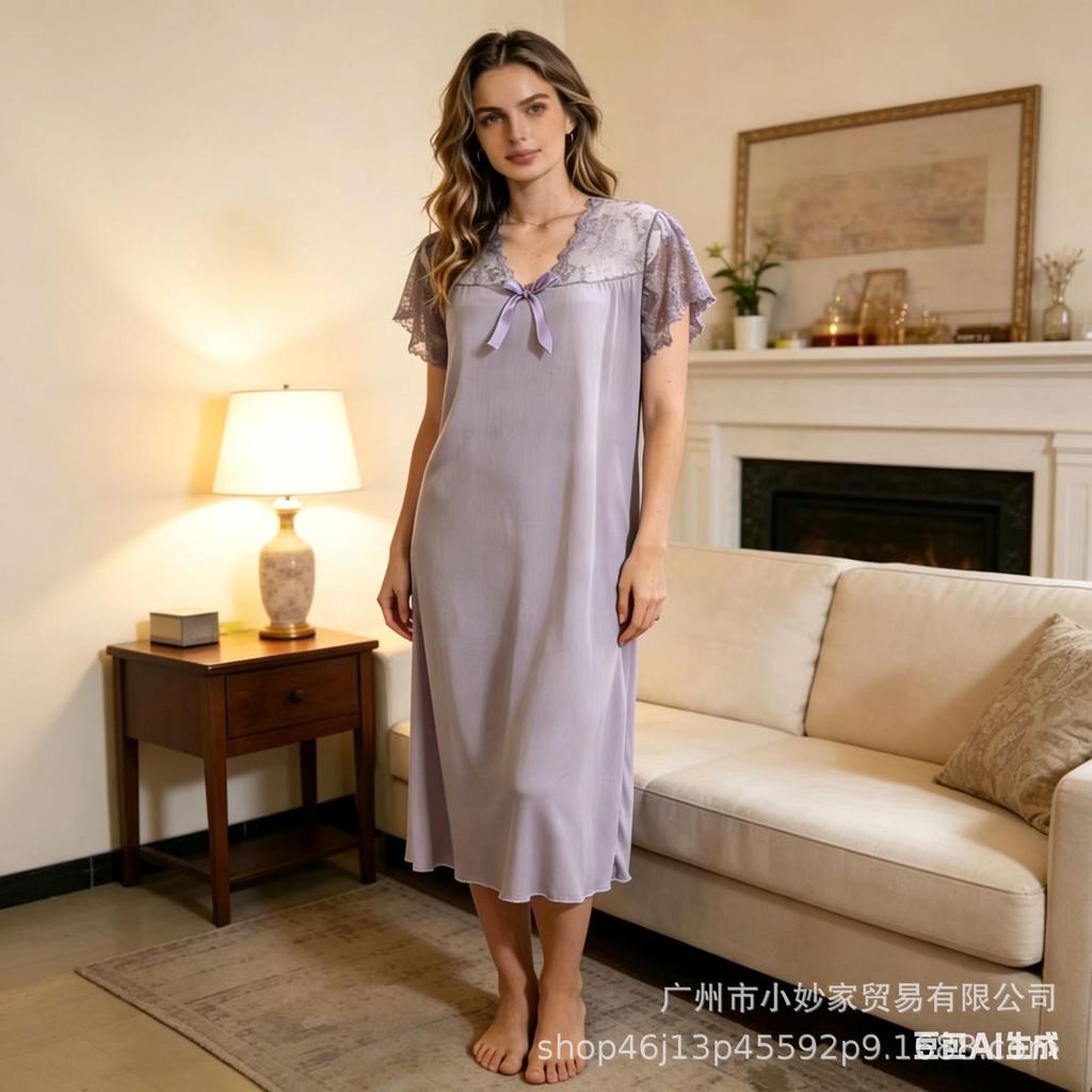 Women's pajamas lace nightdress threaded purple casual elegant loungewear new explosion