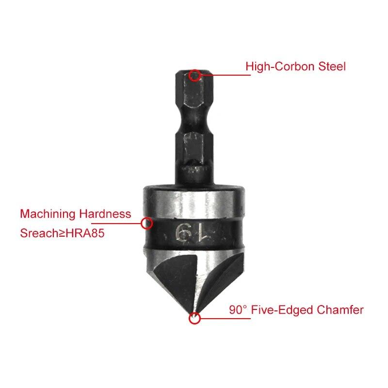 Набор инструментов для снятия фаски из 3 предметов с шестигранным хвостовиком 90 градусов, черного цвета, с пятью лезвиями, 12/16/19 мм, зенковочное сверло, открывалка для деревообработки