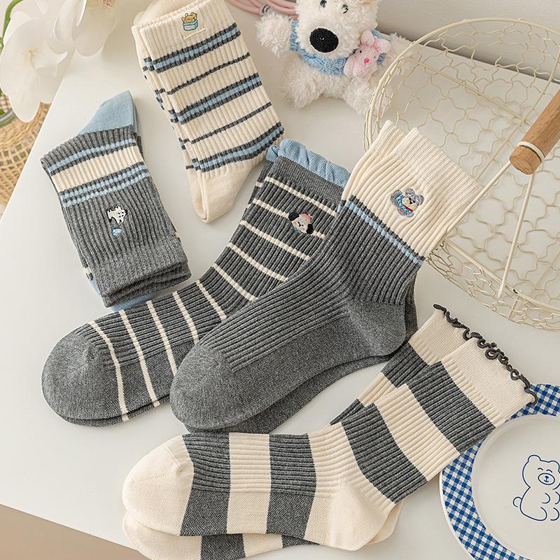 Women's Blue-Gray Striped Ruffled Socks with Lace Embroidery - Trendy Mid-Calf Style In Combed Cotton