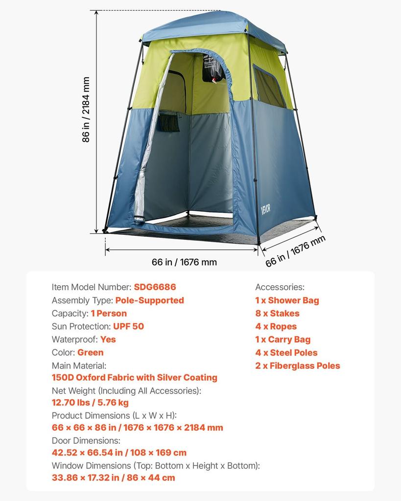 Camping Shower Tent, 1 Room, Portable Privacy Tent Changing Room with Shower Bag, Ground Stakes, Ropes, Carry Bag, and Support Poles, 150D Oxford