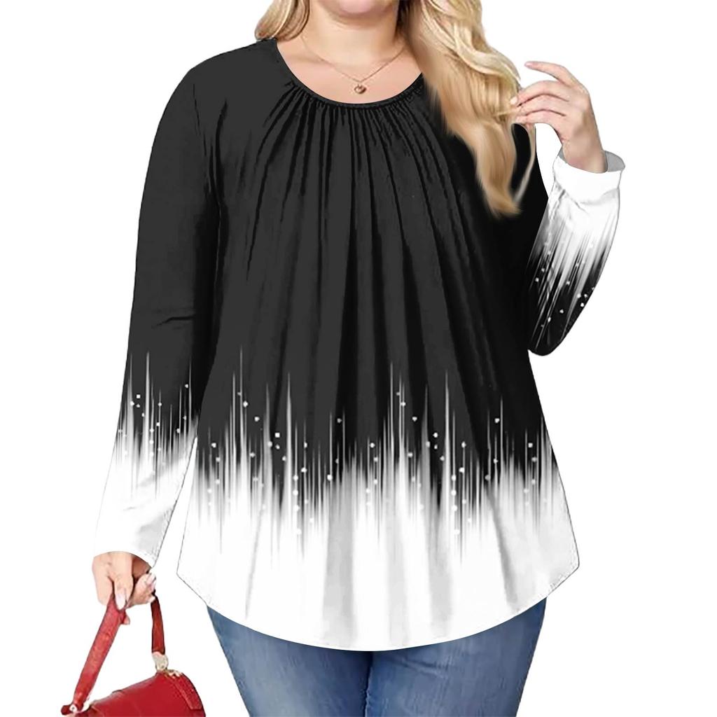 Women's Plus Size Fashion Printed Casual Pleated Round Neck Long Sleeve Top