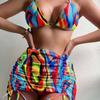 Swimsuit Women's Split Three Piece Set High Waist Sleeveless Ins Overshirt Drawstring Printed Bikini Suits