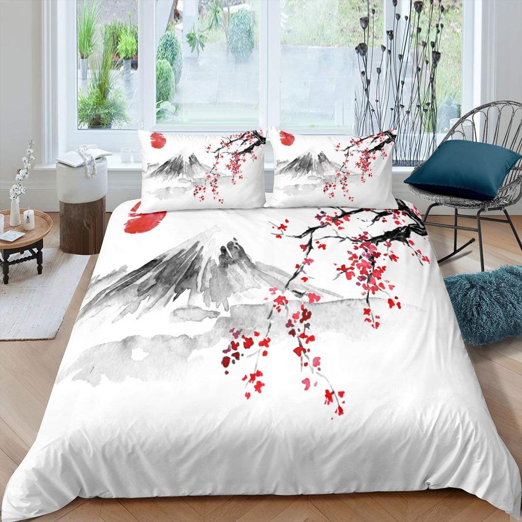 Cherry Blossoms Duvet Cover King/Queen Size,Japanese Sakura Tree Pink Floral Spring Vintage Cultural Bedding Set for Women Girls