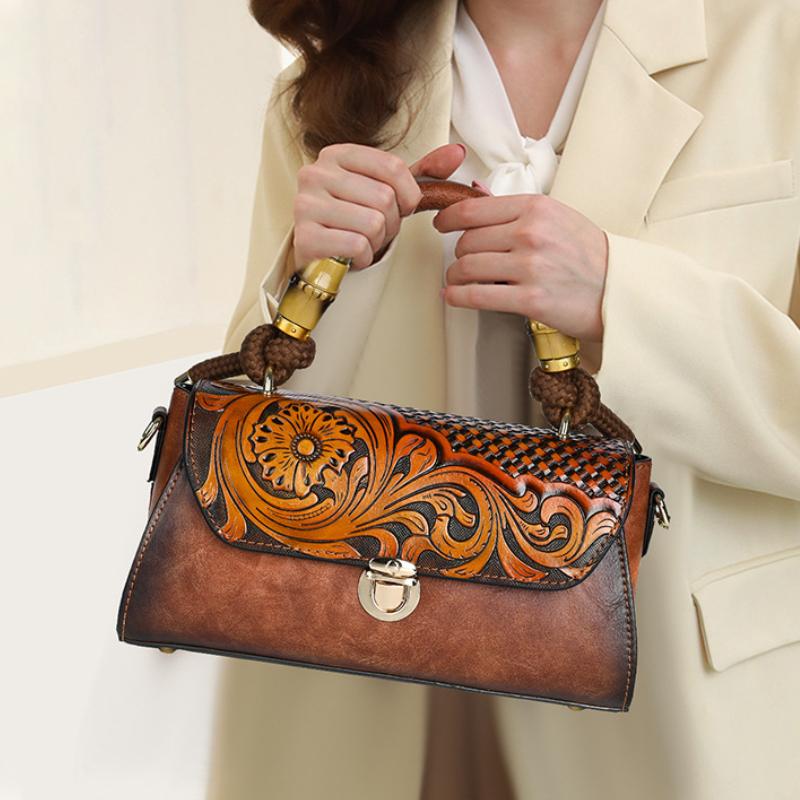 Johnature Women Bag Retro Leather Carving Craft Ladies Handbag Versatile Large Capacity Shoulder & Crossbody Bags