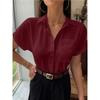 Плюс Размер Женская V-образный вырез Однотонная новая повседневная рубашка на пуговицах с короткими рукавами
