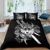 Japanese Samurai Bedding Set, Japan Sunset Landscape Building Silhouette Duvet Cover For Men Teens, Black Red