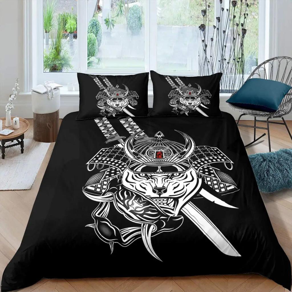 Japanese Samurai Bedding Set, Japan Sunset Landscape Building Silhouette Duvet Cover For Men Teens, Black Red