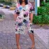 Summer Plus Size V Neck Short Sleeve Knee Pocket  Print Casual Dress For Women