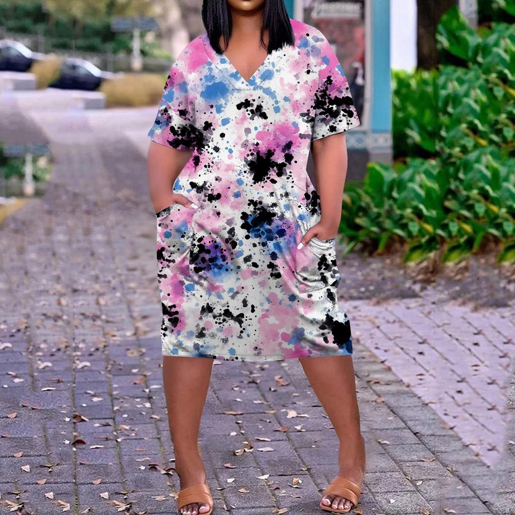 Summer Plus Size V Neck Short Sleeve Knee Pocket Print Casual Dress For Women