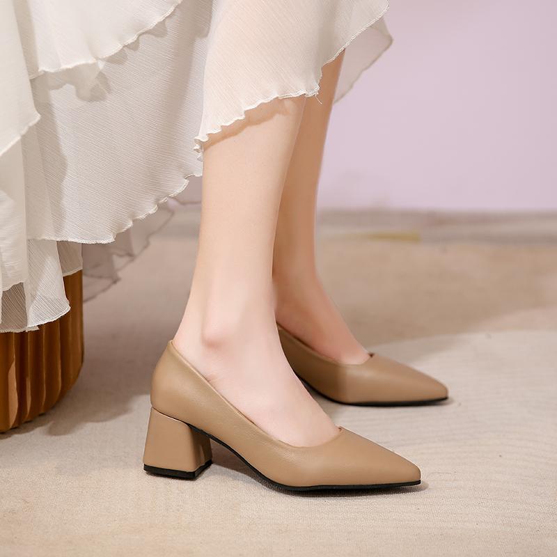 Классические туфли-лодочки на квадратном каблуке, женские однотонные офисные повседневные туфли из искусственной кожи, женские туфли без шнуровки с острым носком на высоком каблуке