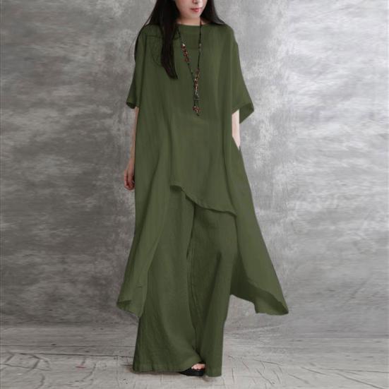 Yousheng комплект из 2 предметов: хлопковый лен, топы, брюки, комплект с круглым вырезом, рукавами до локтя, неровный подол, топы с высокой талией, длинные брюки, комплект, однотонный повседневный наряд