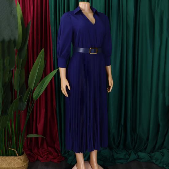 Летнее женское платье с V-образным вырезом и лацканами, трапециевидной формы, рукава три четверти, плиссированная тонкая талия, большие размеры, чистый цвет, длина до середины икры, OL, повседневное платье миди