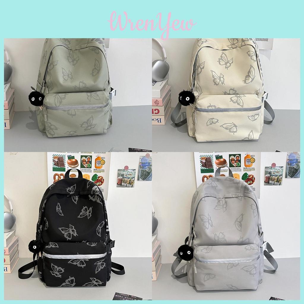 Simple Solid Color Butterfly Pattern Student Backpack With Plush Pendant For Teens And University Students