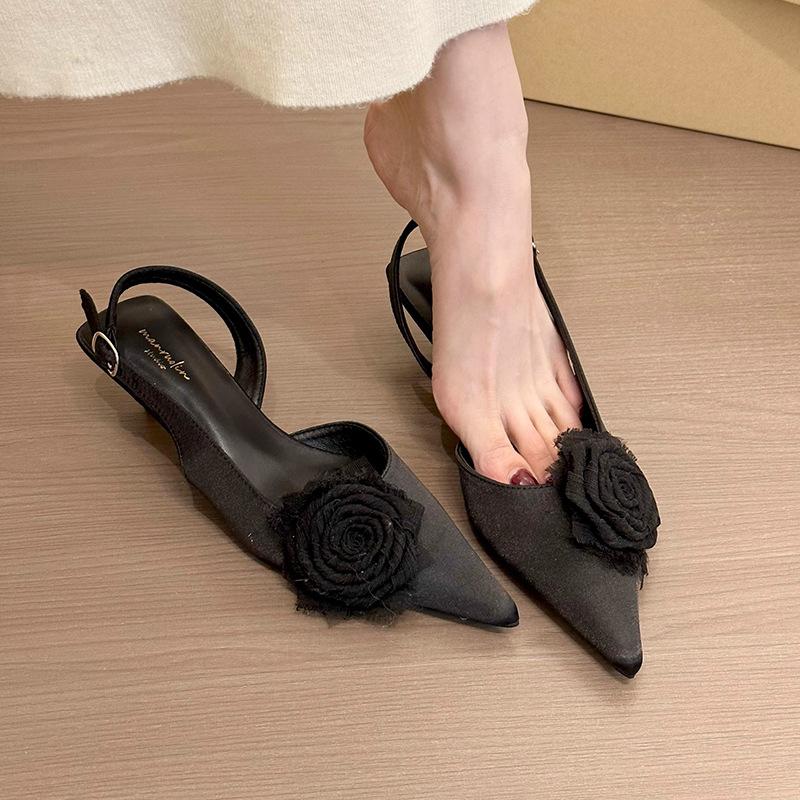 Волшебная зеленая роза! Нежный атласный розовый мешок голова пустые сандалии женские 2025 весна и лето темперамент туфли-стилеты