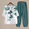 Women Blue Floral Print Suit Temperament Round Neck Three Quarter Sleeve Wide Leg Pants Casual And Comfortable Two Piece Set