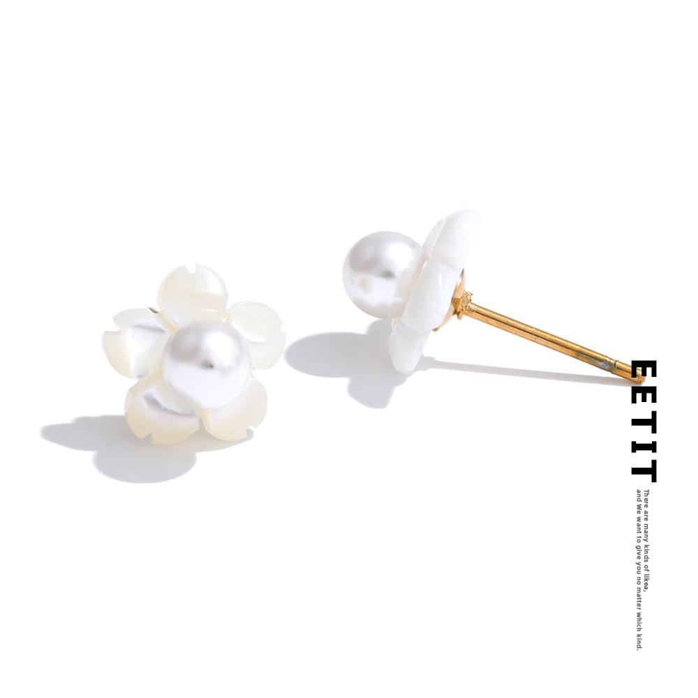 Eetit Оптовая продажа толстых натуральных ракушек с искусственным жемчугом, серьги-гвоздики в виде цветка, повседневные модные шикарные украшения из нержавеющей стали 2025