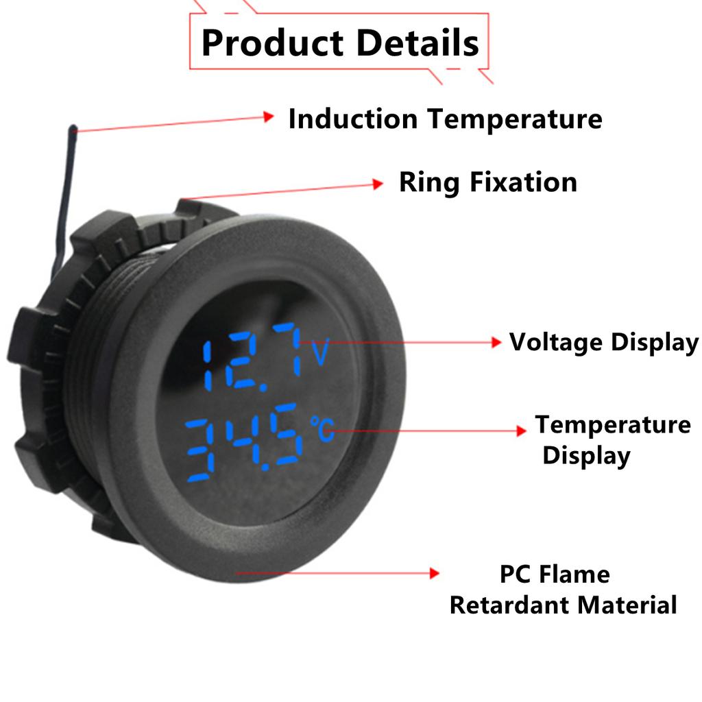 2-в-1 12-24 В автомобильный круглый температурный вольтметр, автоматический дисплей для проверки напряжения, цифровое измерение для автомобиля, мотоцикла, лодки, яхты, вольтметр