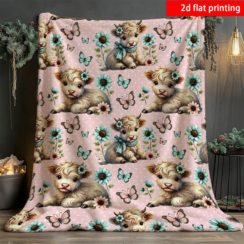 2D Flat Printing 1pc Pink Highland Cow Sunflower Butterfly Flannel Blanket Soft And Comfortable Suitable for Sofa Camping Travel L