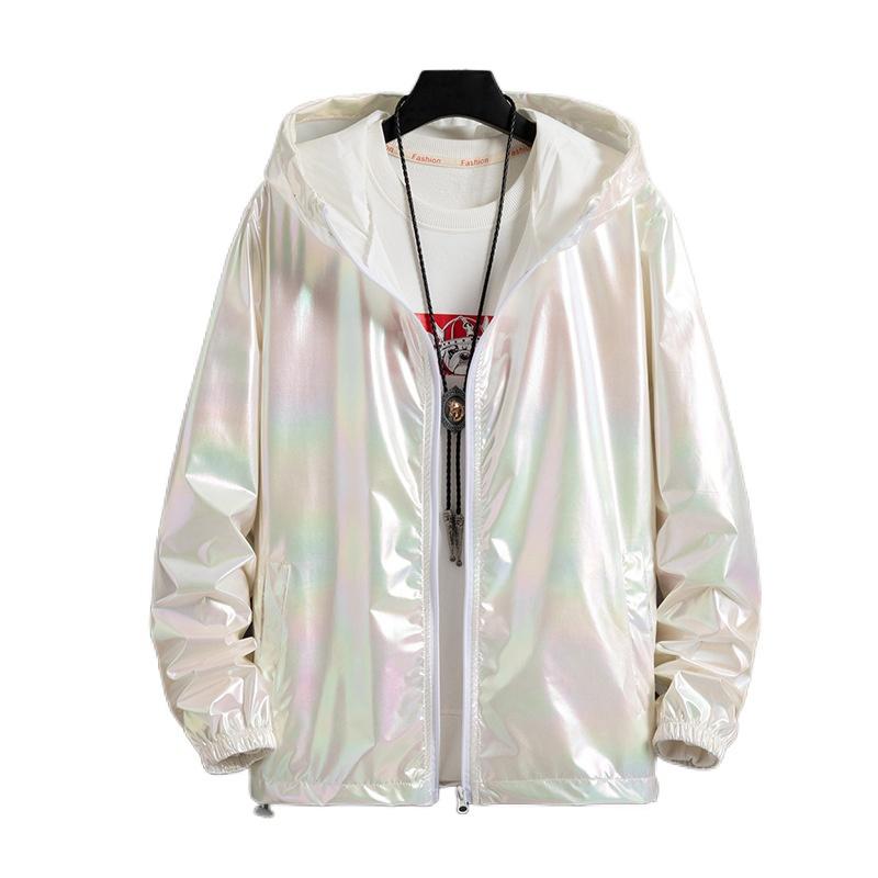 Unisex Shiny Jacket Laser Hooded Coat Iridescent Holographic Harajuku Sun Protect Top Plus Size