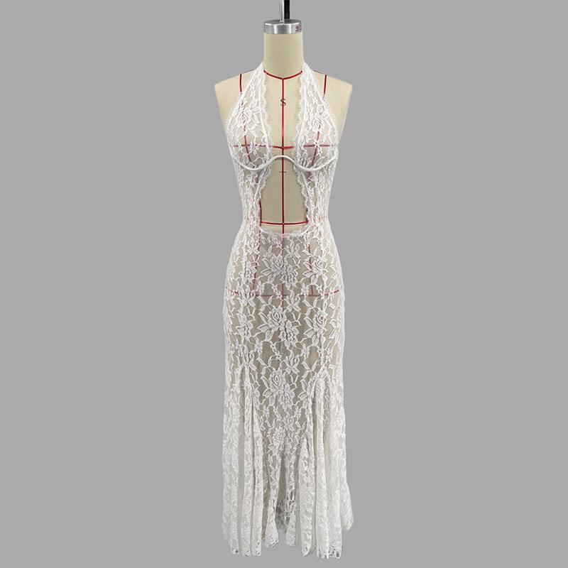White Hollow Out Sexy See Through Dress For Women Sleeveless Slim High Waist Patchwork Backless Beach Long Dresses Lady Elegant Evening Dress Femme