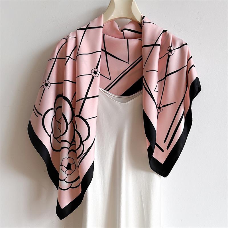 90*90cm Floral Printed Square Scarf Women Silk Scarves Bandanas Luxury Design Beach Shawl Wraps Elegant Travel Hijab Lady