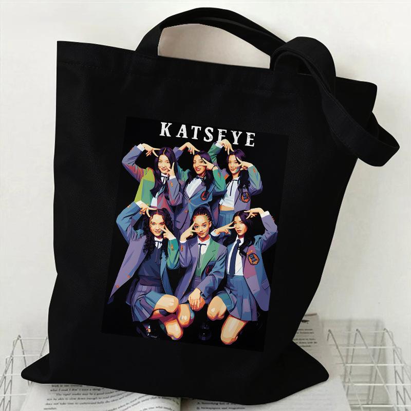 KATSEYE Merch Canvas Tote Bag Retro Black White Print Shoulder Bag Kpop Fan Gift 60123-3