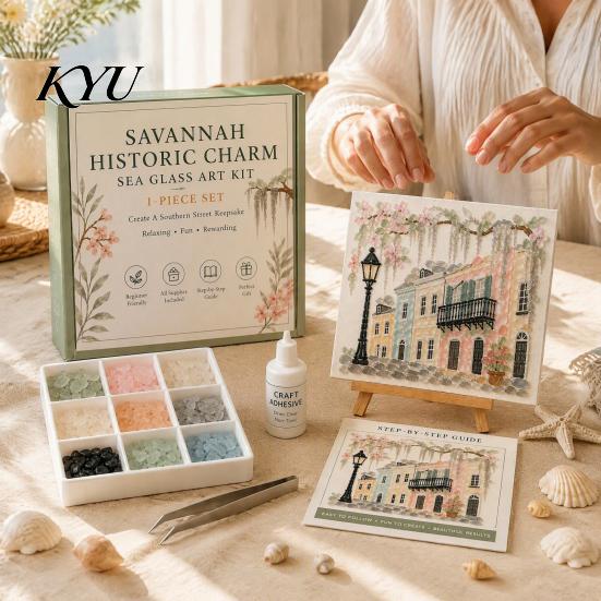 Thoughtful Handmade Presents DIY Sea Glass Mosaic Art Kit, Ocean/Landscape Inspired Artwork Kit with Colorful Pieces, Craft Set for Adults Acrylic