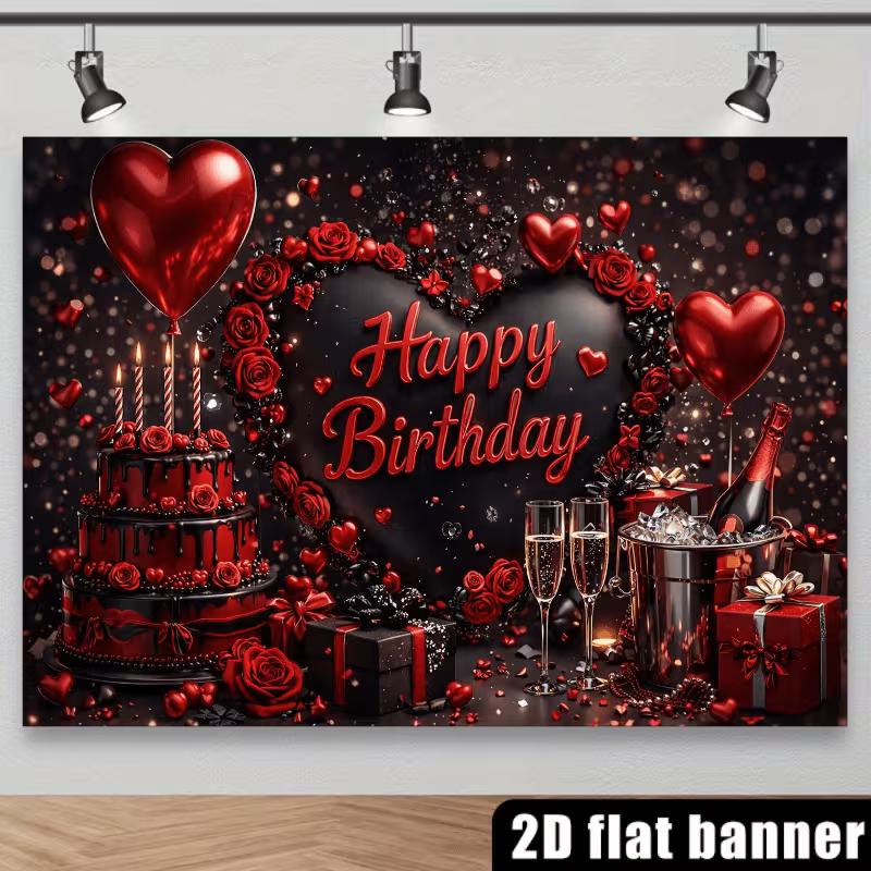 2D Flat Red & Black Birthday Banner 2D Fabric Backdrop for Adult & Romantic Birthday Party Decoration