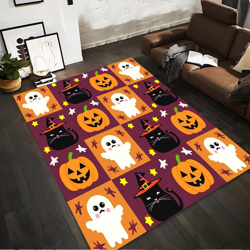 Cute Halloween Ghost and Cat Pattern Rug Non-slip rug suitable for living room and bedroom sofas.