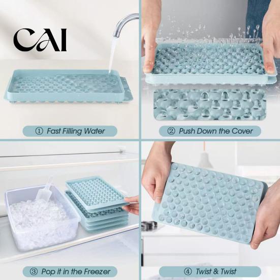 Easy Clean Ice Tray Mini Cube with Bin And Scoop, Small Round Silicone Ball Mold for Coffee Drinks, Release Stackable Freezer