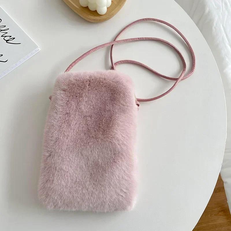 Женская плюшевая сумка через плечо, однотонная сумка для мобильного телефона, универсальный мини-кошелек, плюшевая сумка через плечо, осень и зима