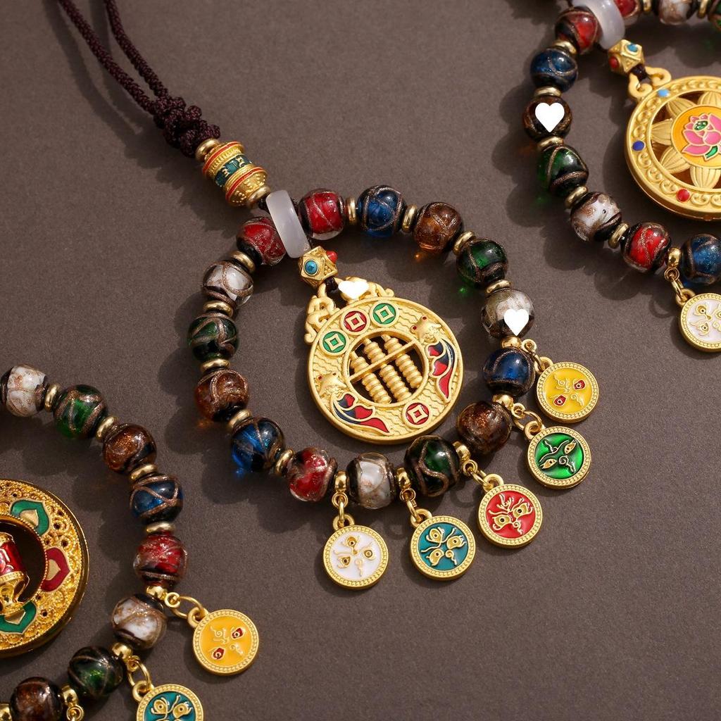 Tibetan Wealth God Zhakila Lhamo Incense Ash Glass Pendant - Five Directions Car Charm, Metal Retro Style