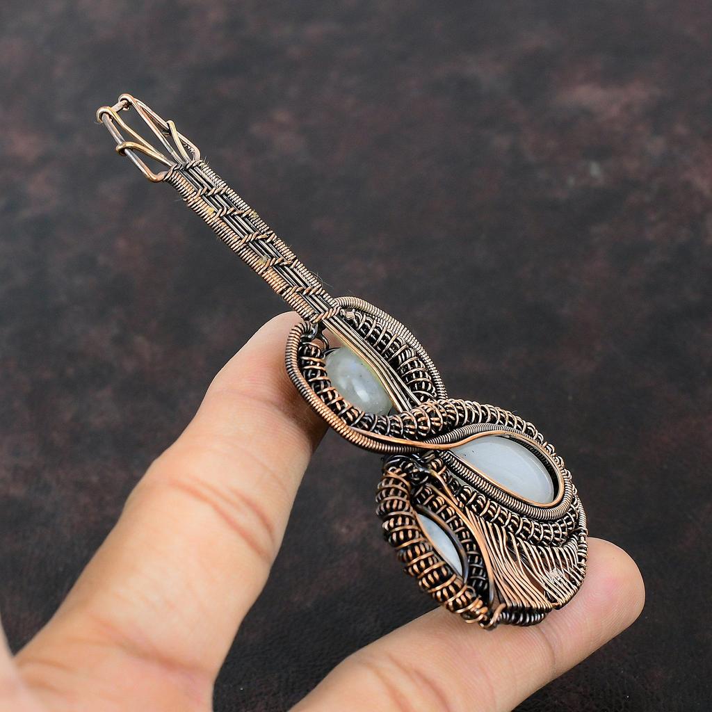 Rainbow Moonstone Pendant Copper Wire Wrapped Pendant Natural Gemstone Pendant Very Pretty Copper Jewelry Gift For Her Guitar Design Pendant