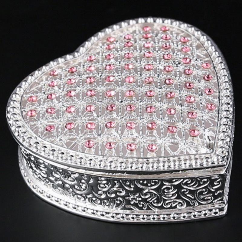 Mini Jewelry Storage Box Bracelet Organizer,Exquisite Heart Shape Inlaid Gem Alloy Ring Storage Jar Dresser Display Couple Gifts