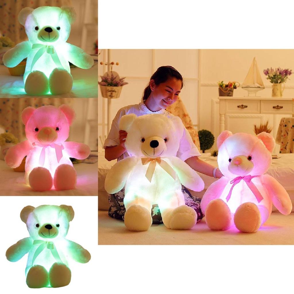 Led Light-up Teddy Bear Plush Toy With Bow Tie Design Long-haired Colorful Flashing Lights