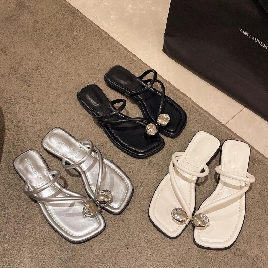 Korean Style Fashionable Square Toe Versatile Slippers Lazy Slippers 2024 New Summer Style Large Size Flat Slippers for Women