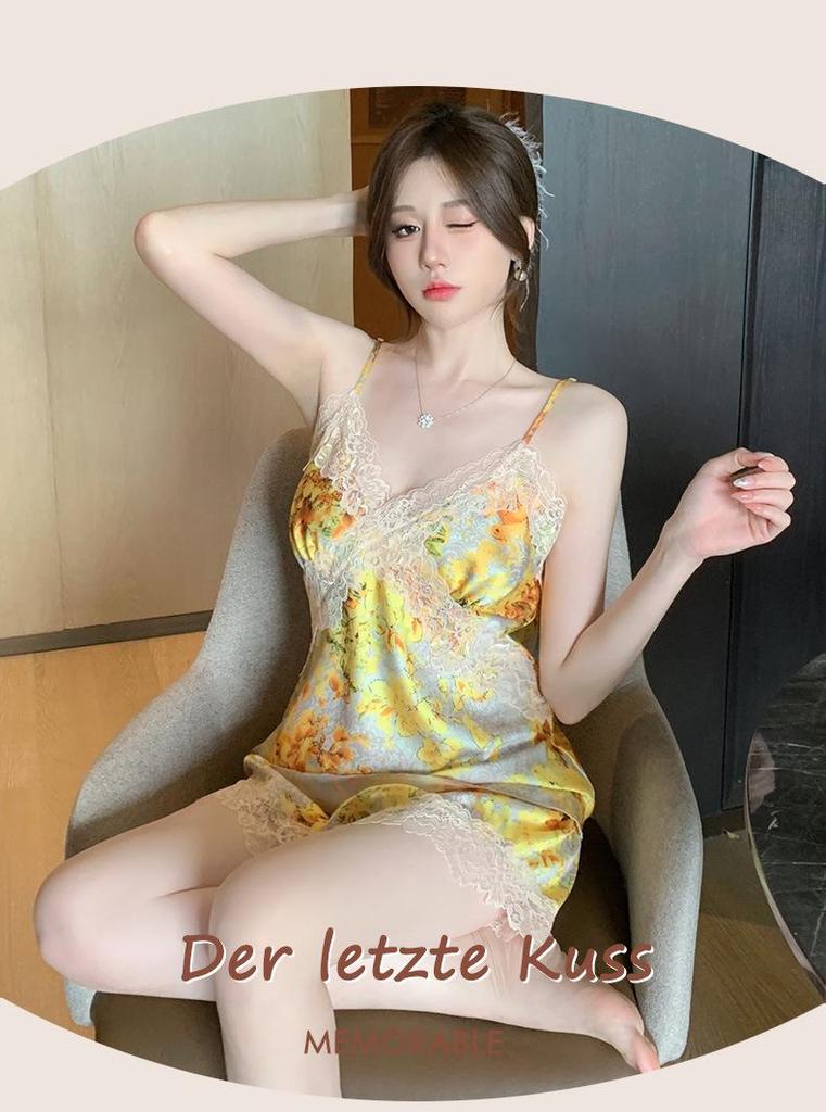 Женский кружевной пижамный комплект из ледяного шелка - Топ-камисоль и шорты для весны/лета/осени