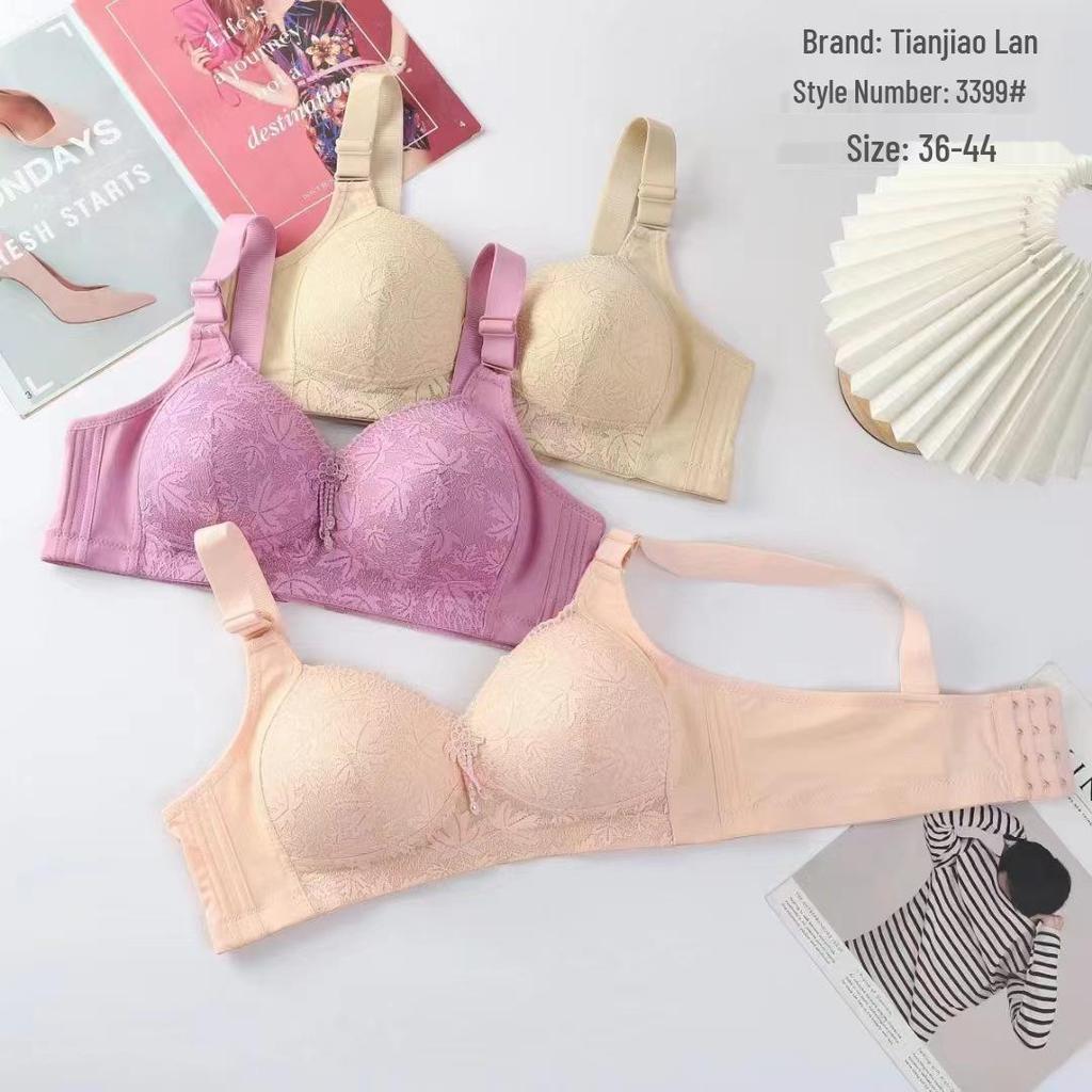 Plus Size Wire-Free Lace Bra: Breathable, Push-Up, Side Support, Anti-Sagging, Slimming Effect for Middle-Aged and Elderly Women