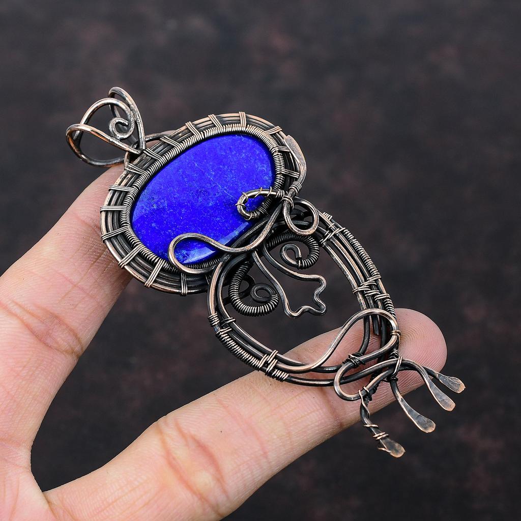 Подвеска из лазурита, медная проволочная обертка, уникальная подвеска ручной работы, медные украшения, подвеска из настоящего драгоценного камня, лазуритовые украшения для подарка