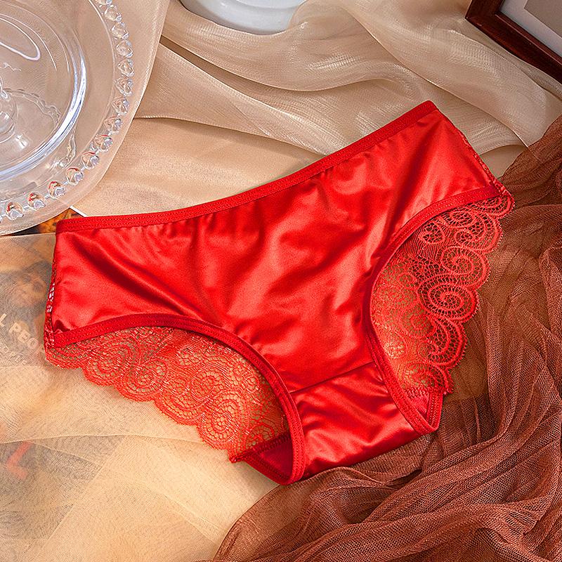 Women Bowknot Spaghetti Strap Satin Panties Mid Waist Hollow Out Lace Briefs Solid Color Seamless