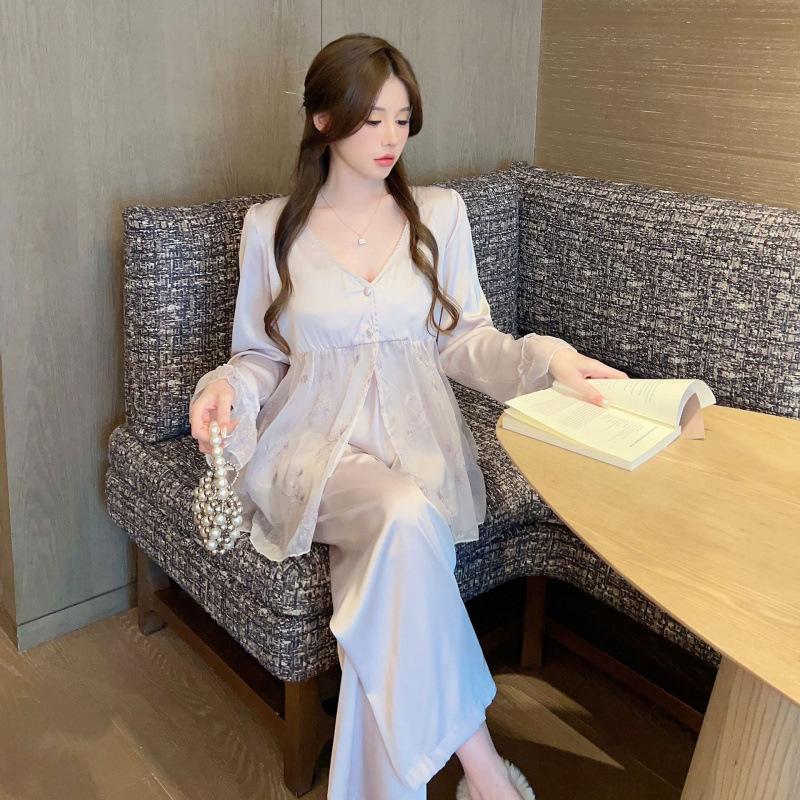 Sleepwear Women's Ice Silk 1011 Spring and Autumn New Pure Style Sexy French Strap Long Pants Thin Loungewear Three-Piece Set